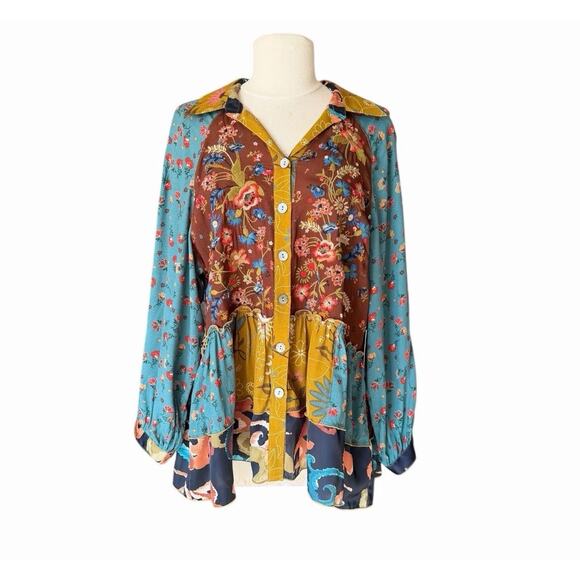 John Mark Tops - John Mark Mixed Media Floral Peasant Blouse XL Patchwork Boho Tunic NWT Eclectic